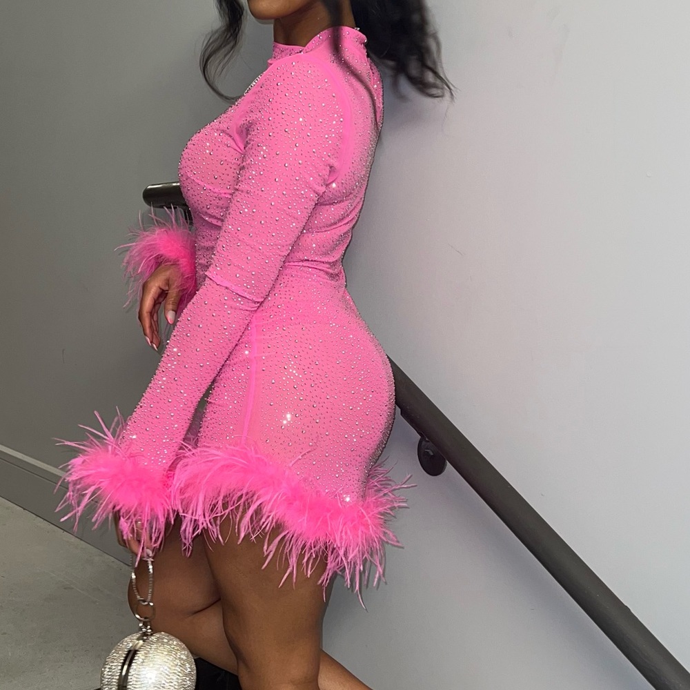 Sparkly pink dress with feathers